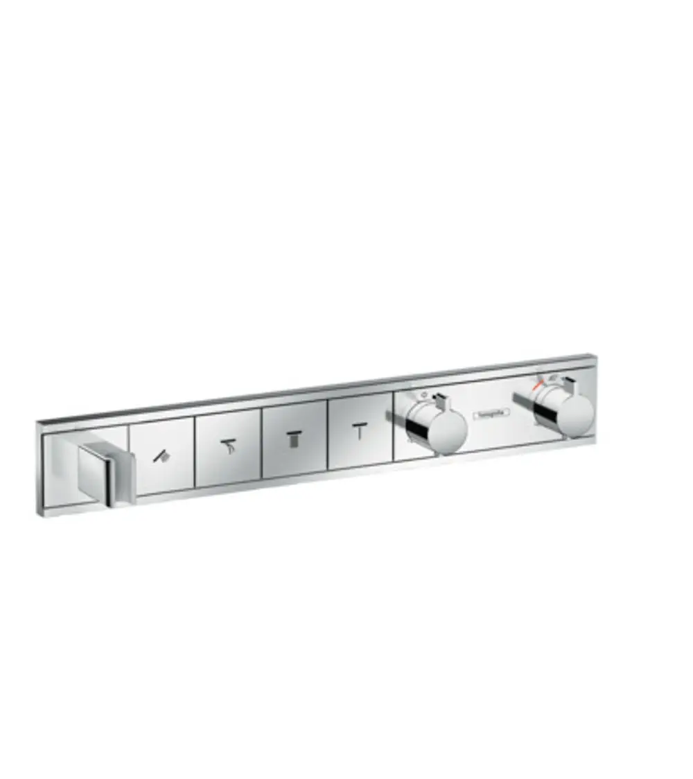 Hansgrohe Thermostat mit mehrfachen Bedienelementen in verchromtem Design, geeignet für die Steuerung von mehreren Verbrauchern und mit integriertem Brausehalter.